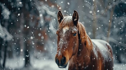 Wild horse portrait in a snowy forest