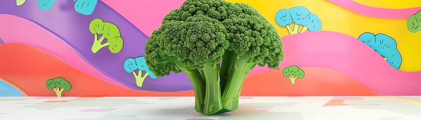 141 3D model of a broccoli icon with a colorful illustrated background