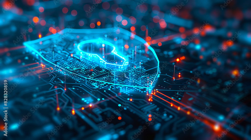 Poster close-up of a glowing blue circuit board with illuminated lines and nodes, creative technology conce