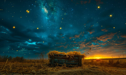 Fototapeta premium Old Wooden Cradle with Hay Under Starry Night Sky in Field, Serene Landscape at Dusk, Idyllic Countryside Setting with Bright Stars and Tranquil Mood, Concept of Peace and Simplicity in Nature