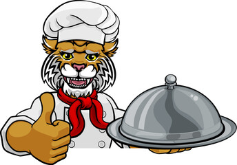 A wildcat chef mascot cartoon character holding a silver platter cloche dome of food peeking round a sign