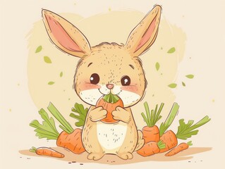 Cute illustration of a baby bunny holding a carrot, surrounded by more carrots, perfect for children's books and nursery decor.