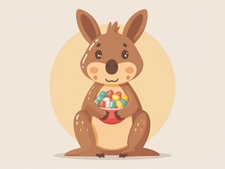Cute cartoon kangaroo holding colorful Easter eggs, with a cheerful expression. Perfect for holiday and festive designs.