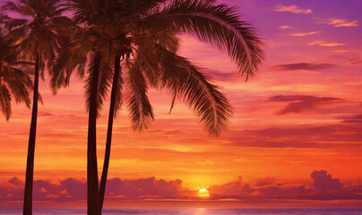 Obraz premium Experience the beauty of the tropics with a background that captures the essence of a sunset over the ocean, complete with warm hues and silhouetted palm trees