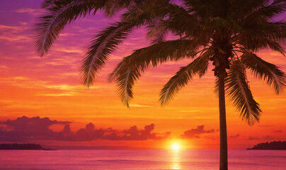 Fototapeta premium Experience the beauty of the tropics with a background that captures the essence of a sunset over the ocean, complete with warm hues and silhouetted palm trees