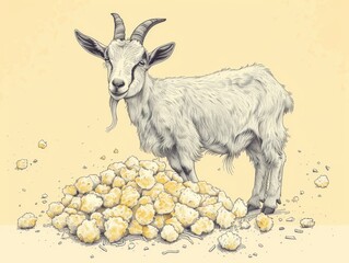 Fototapeta premium Illustration of a goat standing next to a pile of cheese against a light beige background.
