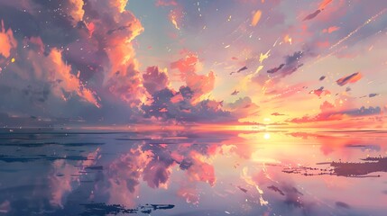 A serene sunrise painting the sky with pastel hues of pink and orange, heralding the arrival of a new day