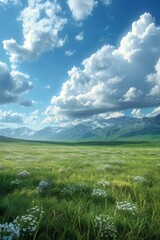 Fototapeta premium Grassland Meadow Under Clear Blue Sky