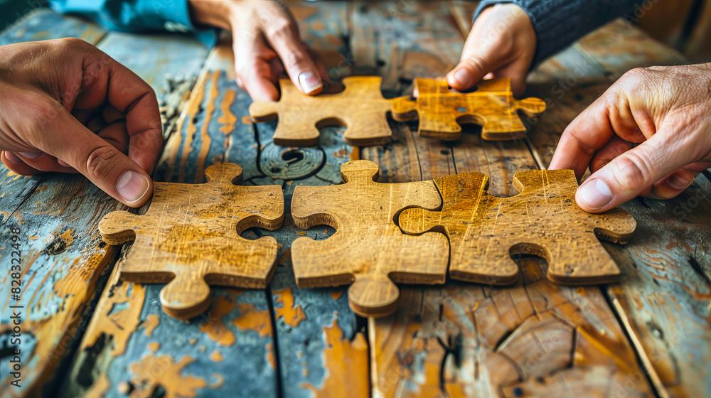 Poster hands assembling wooden puzzle pieces on a rustic table, symbolizing problem solving. generative ai