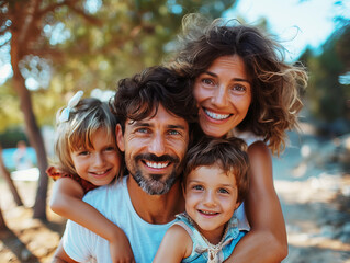 Fototapeta premium A happy family posing with smiles in a natural outdoor setting, embodying the concept of familial love and joy. Generative AI