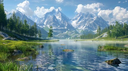 Breathtaking Mountain Lake Surrounded by Serene Nature