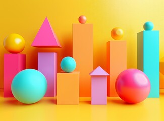 3D Abstract Colorful Shapes: Spheres Cubes and Pyramids