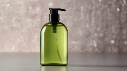 Bottle for cosmetic products with a green dispenser on a background of shimmering sparkles