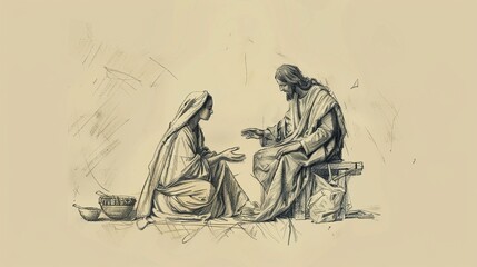 Naklejka premium Mary at Jesus Feet, Martha Busy with Preparations, Biblical Illustration, Beige Background, Copyspace
