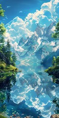Fantasy Landscape with Majestic Mountain Lake and Forest