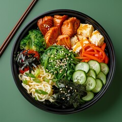 Salmon Teriyaki Rice Bowl with Assorted Vegetables and Toppings