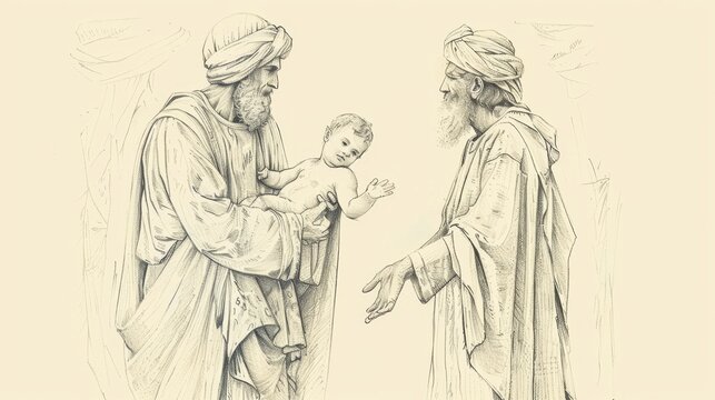 Simeon Holding Baby Jesus at Temple, Anna Praying Nearby, Biblical Illustration, Beige Background, Copyspace