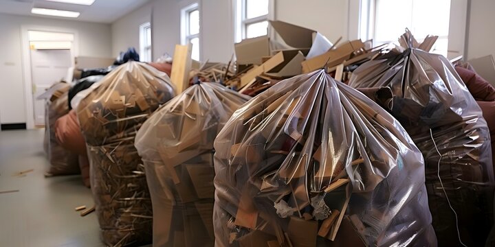 Office renovation debris fills large bags. Concept Construction Waste Management, Office Renovation Cleanup, Large Debris Bags, Environmentally-Friendly Disposal