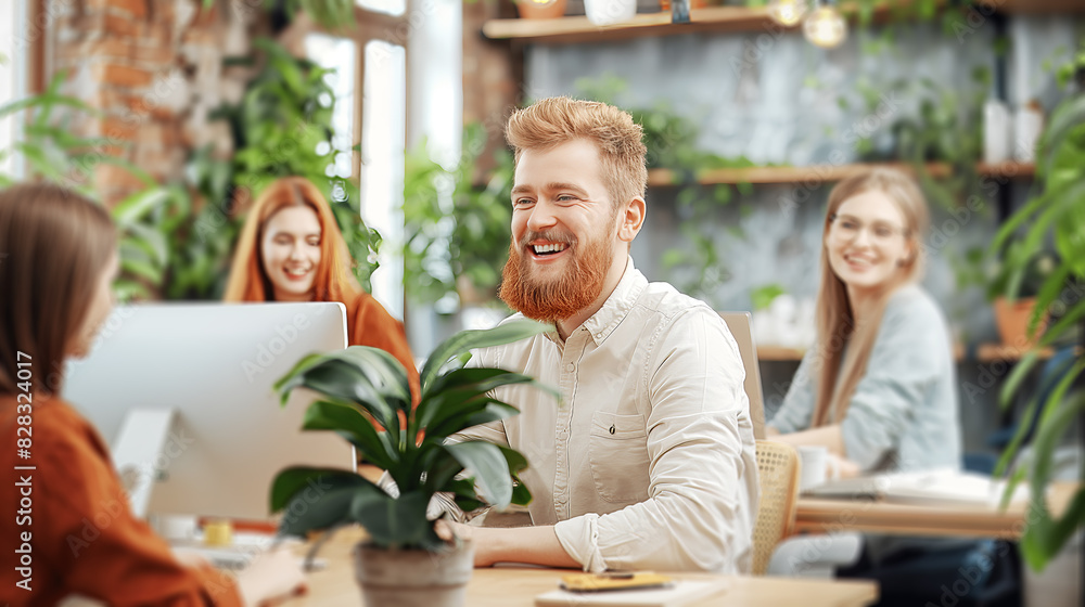 Poster a cheerful man with a beard sitting at a desk in a modern office, colleagues in the background. gene
