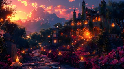 Fototapeta premium Enchanting Fairytale Castle Glowing in the Autumn Forest at Night