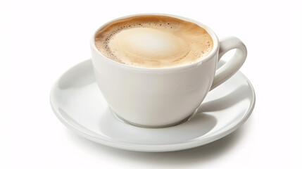 Fototapeta premium Cup of coffee isolated on white. A perfect cup of coffee with crema and a white cup and saucer, isolated on a white background.