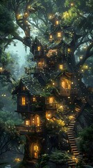 Obraz premium Enchanting Elevated Treehouse in Whimsical Magical Forest with Glowing Lanterns at Night