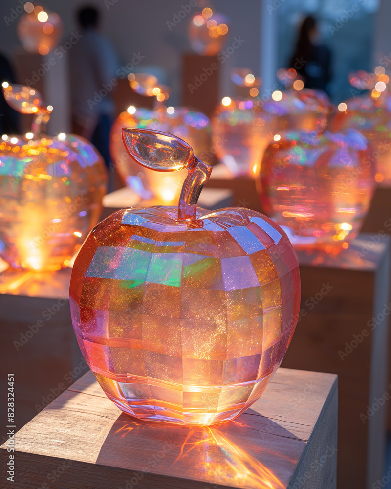 Wall mural brightly colored glass apple sculptures on display in a room