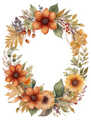 Obraz premium Watercolor Autumn Flower Leaves Wreath PNG Transparent Background