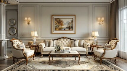 Luxurious European Living Room with Armchairs, Sofa, and Coffee Table