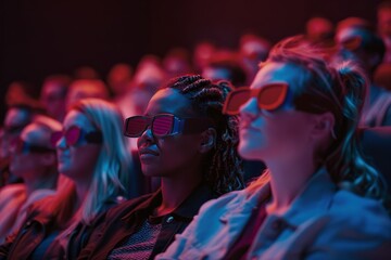 Obraz premium People watching movie in a movie theatre wearing 3D glasses, 3D movie 