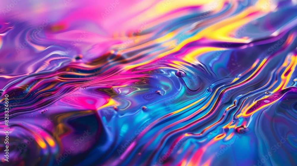 Poster iridescent metallic waves creating a fluid, abstract pattern with vibrant colors closeup