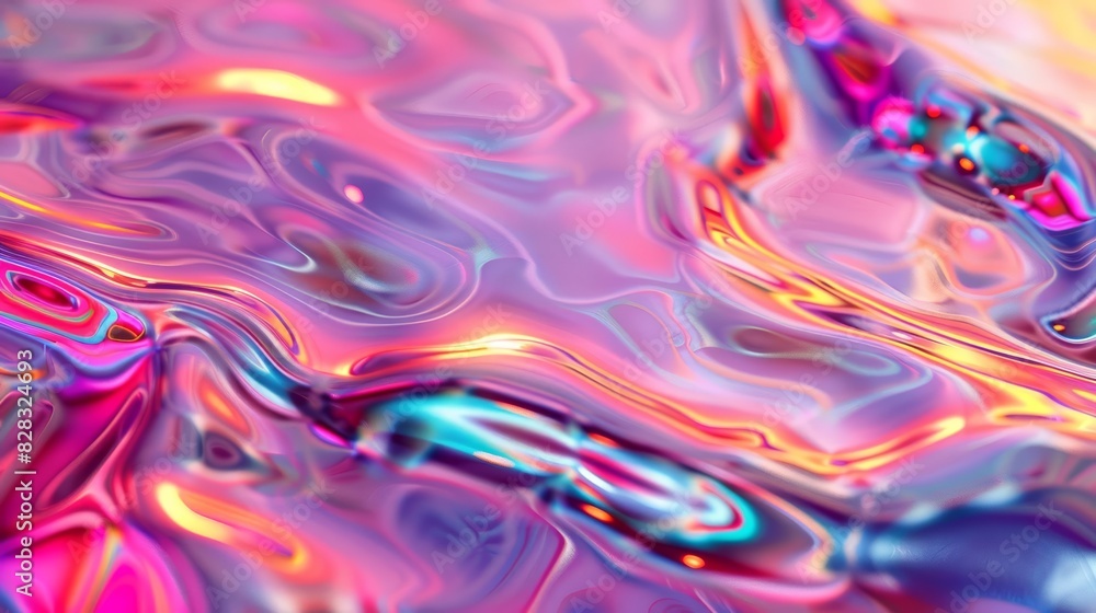 Poster iridescent metallic waves creating a fluid, abstract pattern with vibrant colors closeup