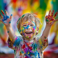 "Young Boy Celebrating with Colorful Paint Splatters on Face and Hands"