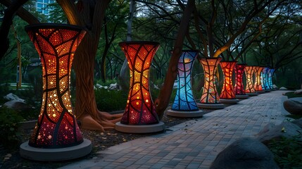 Glowing Lanterns Lining a Magical Autumn Pathway through a Lush Forested Garden