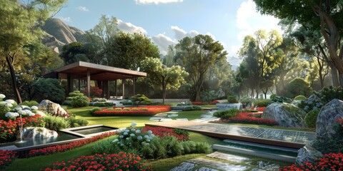 Obraz premium Architectural Landscape Design Renderings: Pagoda, Gazebo, and Serene Water Features