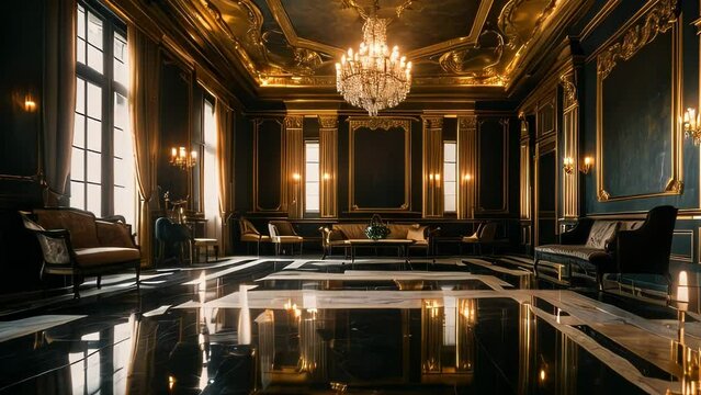 Video animation of opulent interior space, likely a lobby or lounge area of a luxurious establishment. The room features high ceilings with intricate moldings