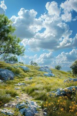 Obraz premium Serene Hillside Landscape with Wildflowers