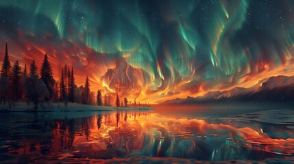 Fototapeta premium Breathtaking Aurora Borealis Reflected in a Serene Frozen Lake Surrounded by Majestic Snow-Capped Mountains and Dense Evergreen Forests