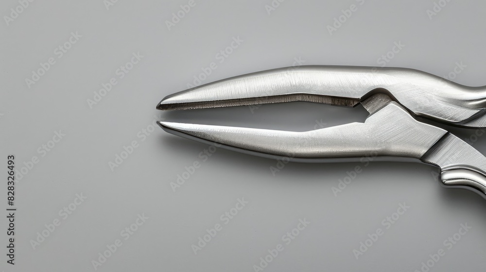 Poster bent nose pliers displayed on a gray background from above room for text
