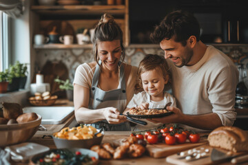 Happy Modern family lifestyle, couple with a child preparing and cooking breakfast together in a stylish kitchen, moments of enjoy weekend play having fun at home