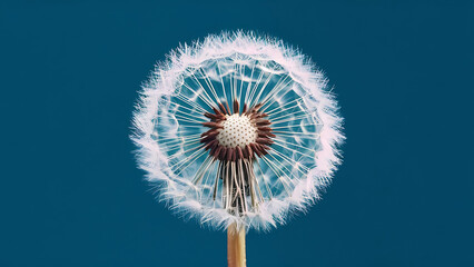 A stunning close-up illustration of a dandelion in full bloom against a vivid blue background. Generative AI