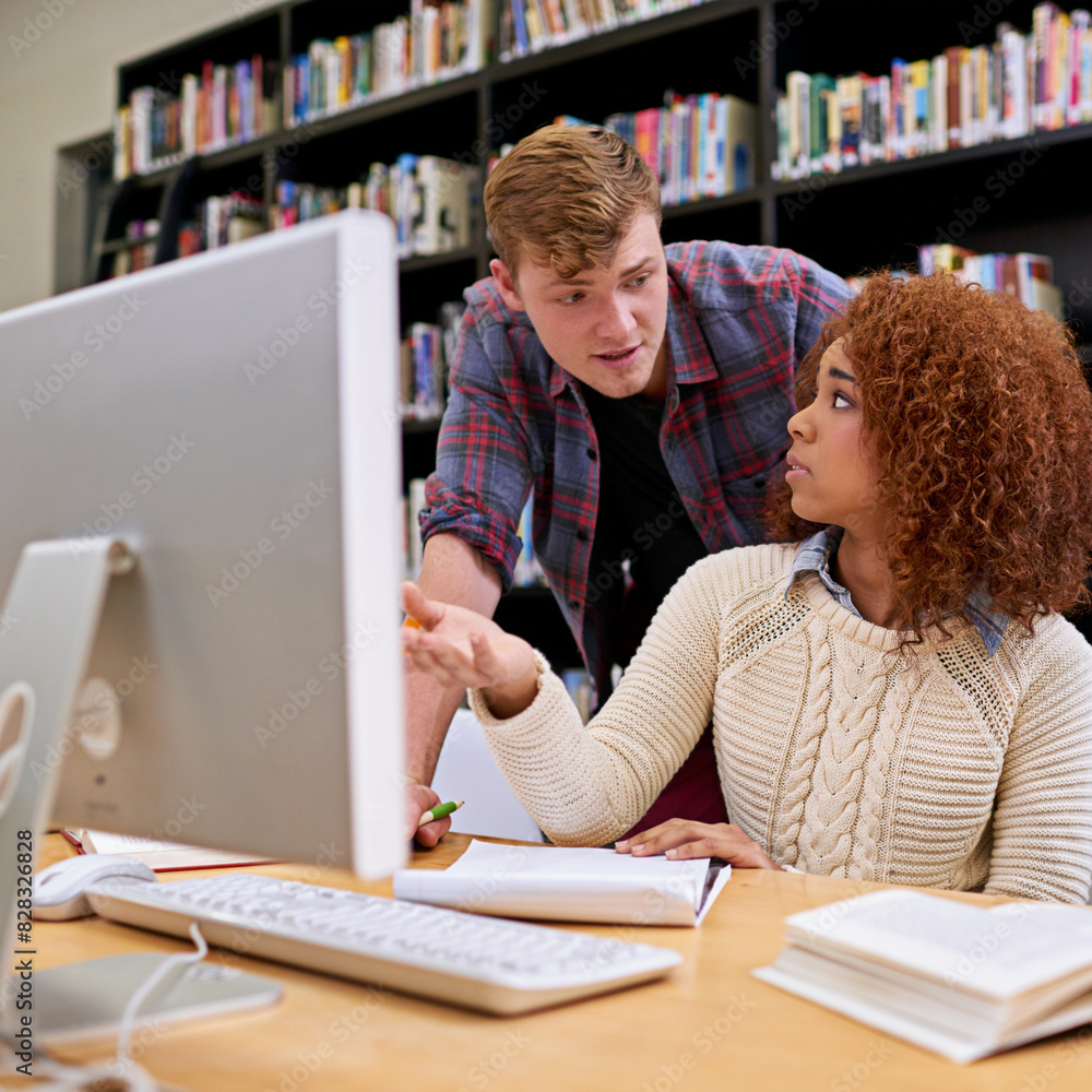 Poster learning, library and students on computer for help on exam knowledge, education and friends researc