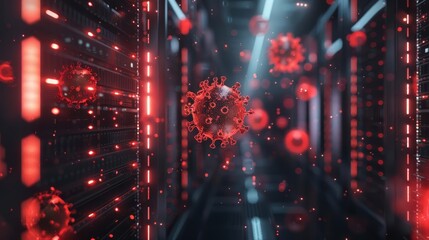 Red viruslike particles floating in a data center environment with glowing lights Closeup