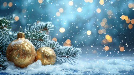 Obraz premium Golden Christmas Ornaments in Winter Wonderland