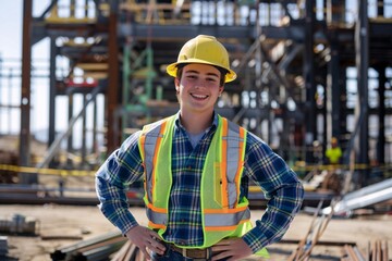 "Construction Worker in Safety Gear on Job Site"