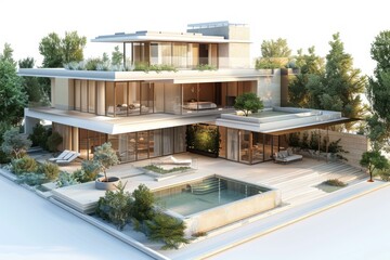 Obraz premium Expansive Modern Luxury Villa Courtyard with Swimming Pool