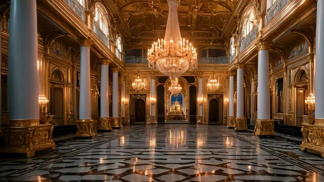 Video animation of opulent interior, likely from a historical or significant building. The perspective is from ground level, looking down a long hall