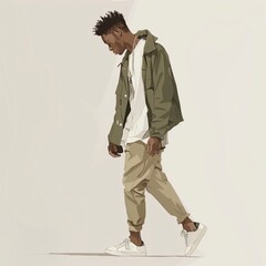 "Street-Style Fashion Illustration: Male Model in Casual Clothing and Sneakers"