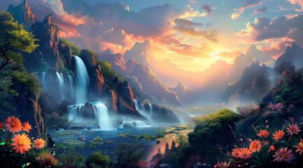 painting of a waterfall in a mountain landscape with flowers