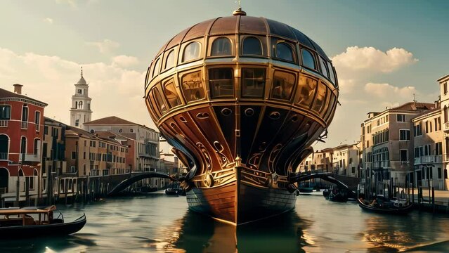 Video animation of large, spherical, steampunk-style airship floating above a canal in what appears to be Venice. The airship&rsquo;s intricate designs blend historical architecture with futuristic elements
